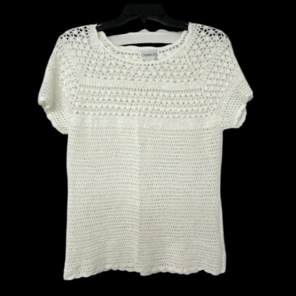 Vintage Chadwick’s Off White Crochet Open Knit Cap Sleeve SweaterXL Cottagecore